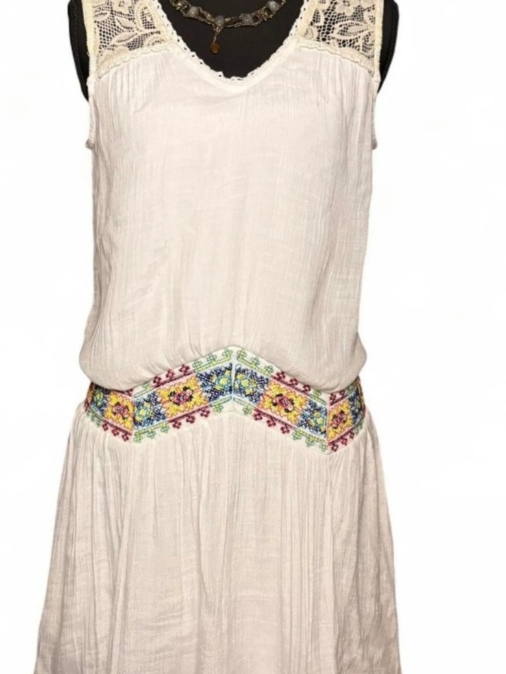 American Rag White Midi Dress with Multicolor Embroidered Waist